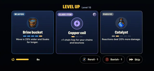 Every level-up is a choice: a weapon, a class item or a passive.